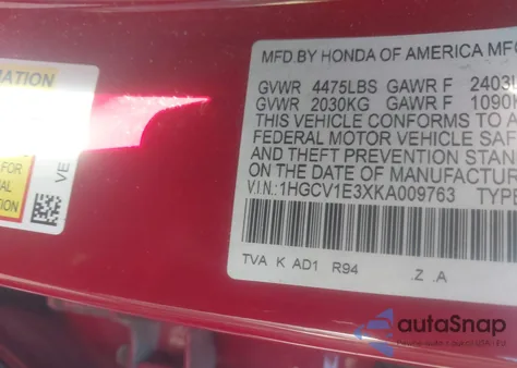 2019 Honda Accord Sport z USA, uszkodzony, nr VIN 1HGCV1E3XKA009763